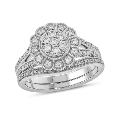 1/4 ct. t.w. Diamond Flower Bridal Ring Sterling Silver