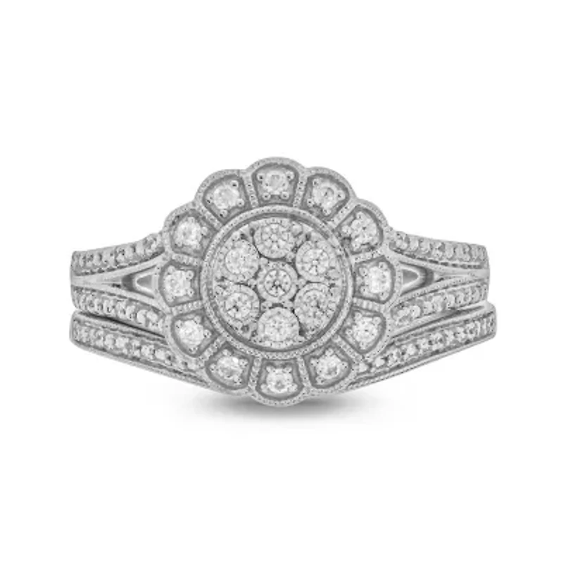 1/4 ct. t.w. Diamond Flower Bridal Ring Sterling Silver