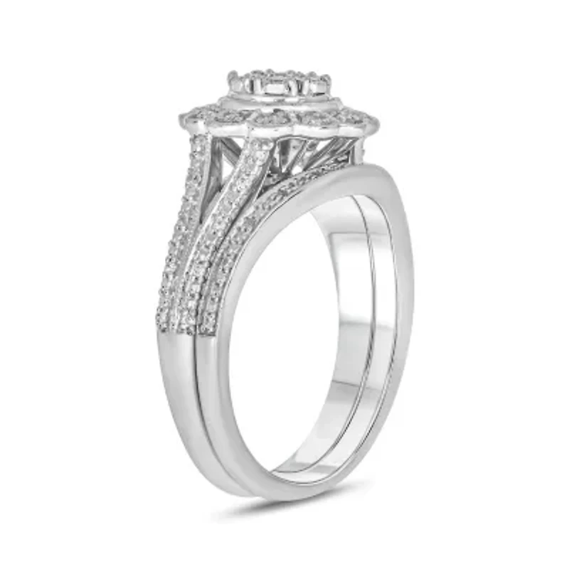1/4 ct. t.w. Diamond Flower Bridal Ring Sterling Silver