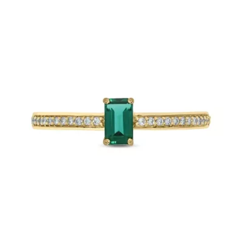 1/10 ct. t.w. Diamond and 1/4 Created Emerald Promise Ring 10K Yellow Gold