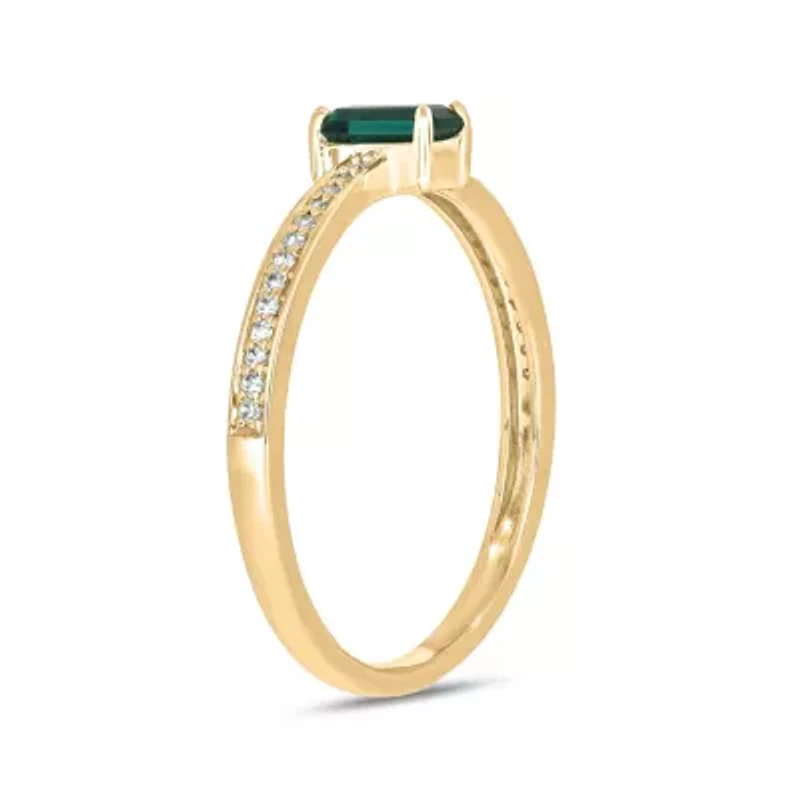 1/10 ct. t.w. Diamond and 1/4 Created Emerald Promise Ring 10K Yellow Gold