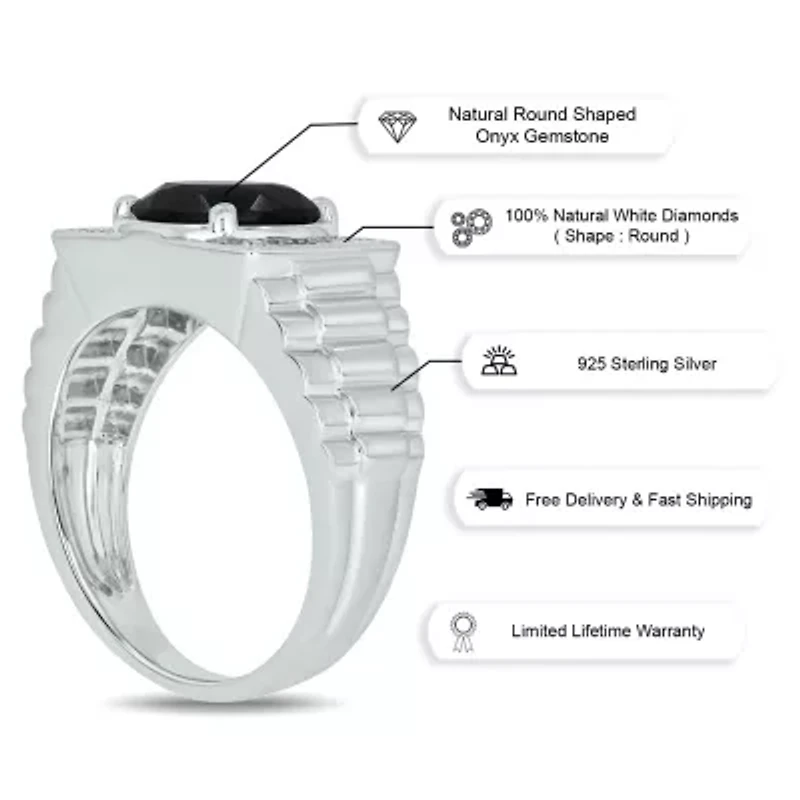 Diamond Accent and 4.25 ct. t.w. Natural Onyx Men's Ring Sterling Silver