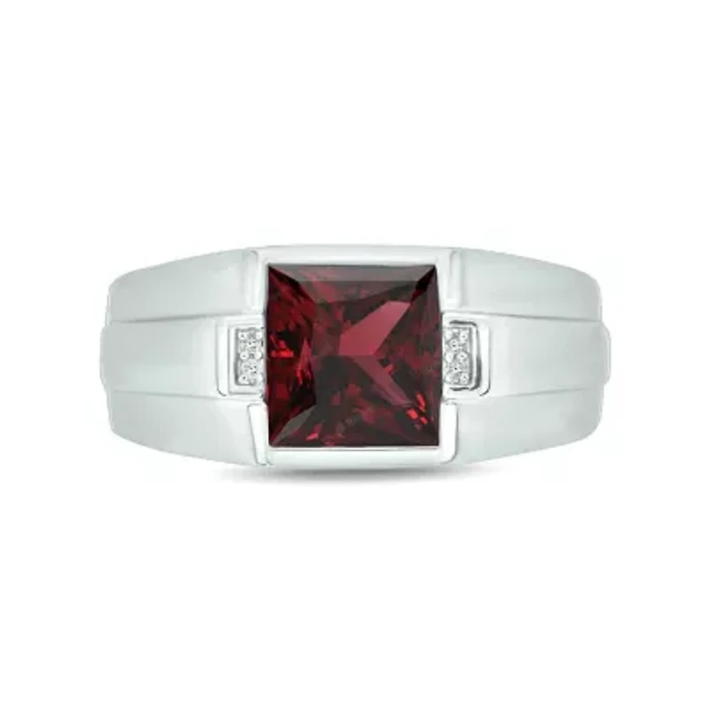 Diamond Accent and 3.0 ct. t.w. Natural Princess Cut Garnet Men's Ring Sterling Silver