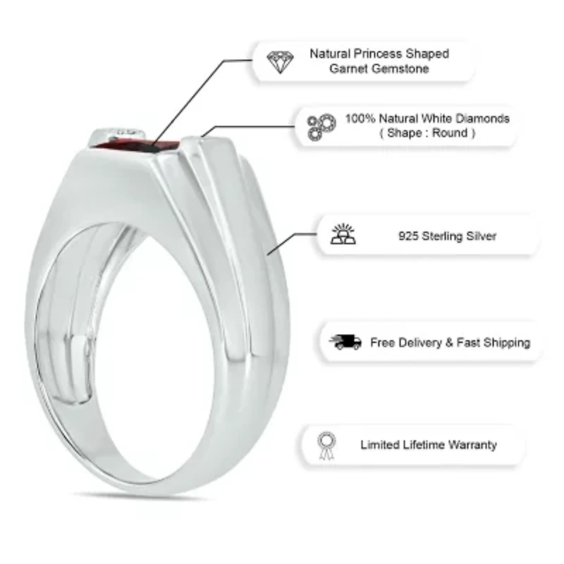 Diamond Accent and 3.0 ct. t.w. Natural Princess Cut Garnet Men's Ring Sterling Silver