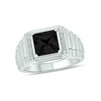 Diamond Accent and 3.0 ct. t.w. Natural Princess Cut Black Onyx Men's Ring Sterling Silver