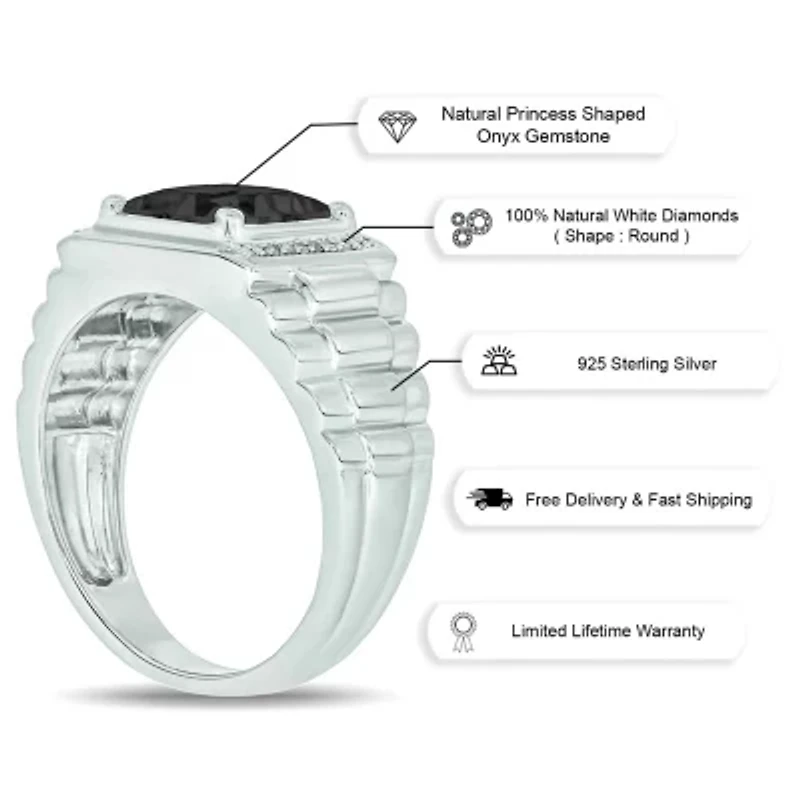 Diamond Accent and 3.0 ct. t.w. Natural Princess Cut Black Onyx Men's Ring Sterling Silver
