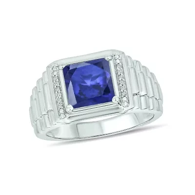 Lab Created Diamond Accent and 3.0 ct. t.w. Princess Cut Sapphire Men's Ring Sterling Silver
