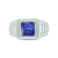 Lab Created Diamond Accent and 3.0 ct. t.w. Princess Cut Sapphire Men's Ring Sterling Silver