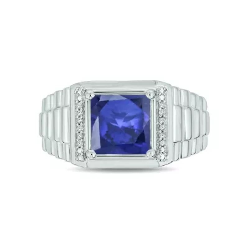 Lab Created Diamond Accent and 3.0 ct. t.w. Princess Cut Sapphire Men's Ring Sterling Silver