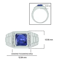 Lab Created Diamond Accent and 3.0 ct. t.w. Princess Cut Sapphire Men's Ring Sterling Silver