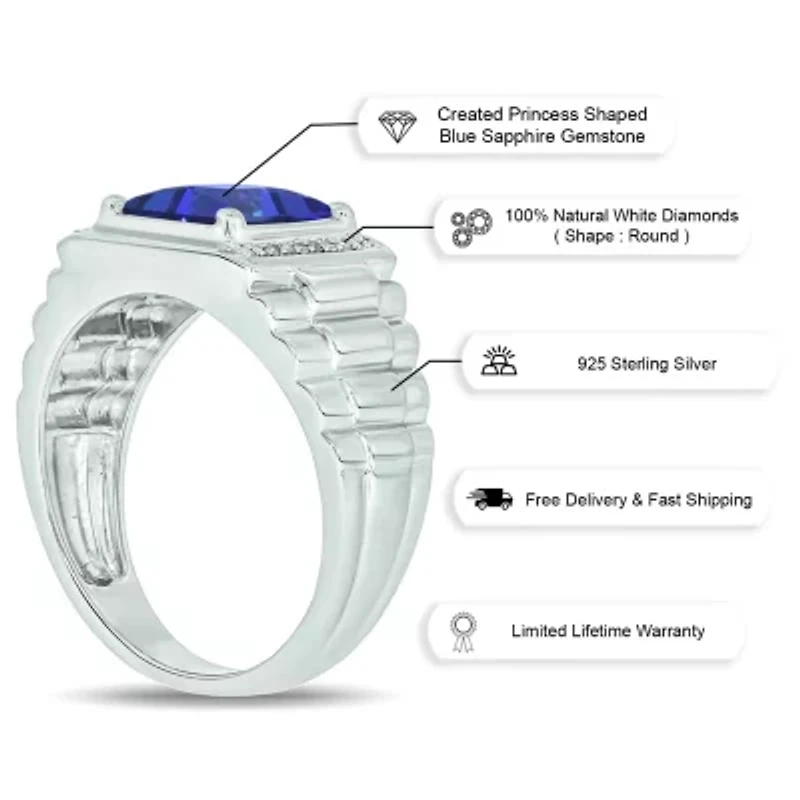 Lab Created Diamond Accent and 3.0 ct. t.w. Princess Cut Sapphire Men's Ring Sterling Silver
