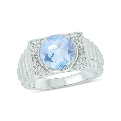 Lab Created Diamond Accent and 4.25 ct. t.w. Aquamarine Men's Ring Sterling Silver