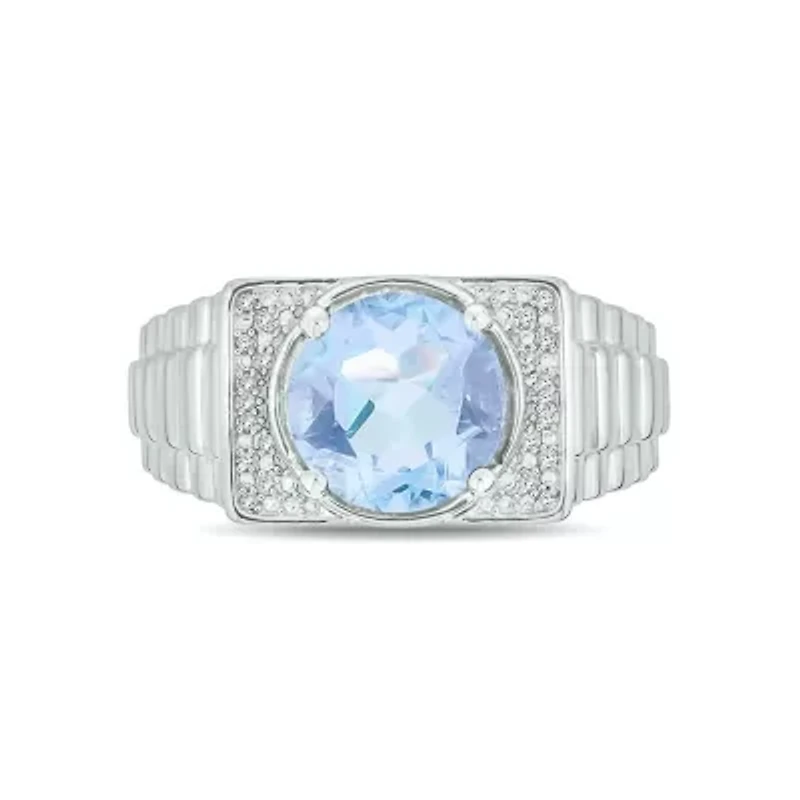 Lab Created Diamond Accent and 4.25 ct. t.w. Aquamarine Men's Ring Sterling Silver
