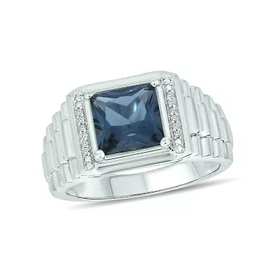 Diamond Accent and 3.0 ct. t.w. Natural Princess Cut Blue Topaz Men's Ring Sterling Silver