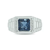 Diamond Accent and 3.0 ct. t.w. Natural Princess Cut Blue Topaz Men's Ring Sterling Silver