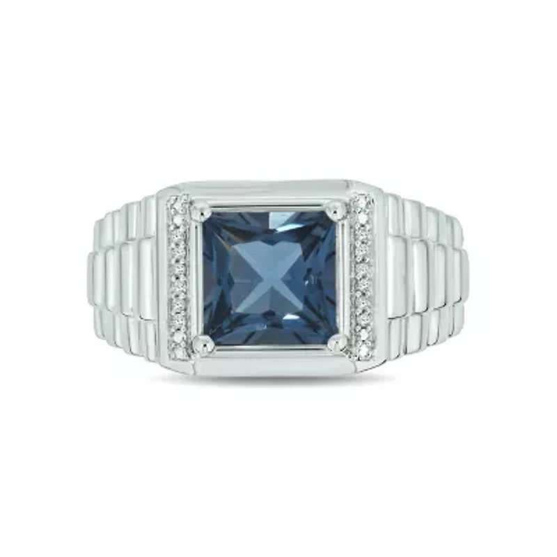 Diamond Accent and 3.0 ct. t.w. Natural Princess Cut Blue Topaz Men's Ring Sterling Silver