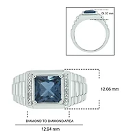Diamond Accent and 3.0 ct. t.w. Natural Princess Cut Blue Topaz Men's Ring Sterling Silver