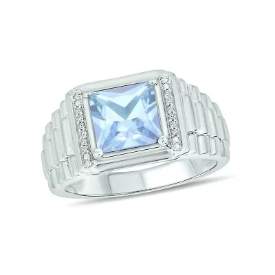 Lab Created Diamond Accent and 3.0 ct. t.w. Princess Cut Aquamarine Men's Ring Sterling Silver