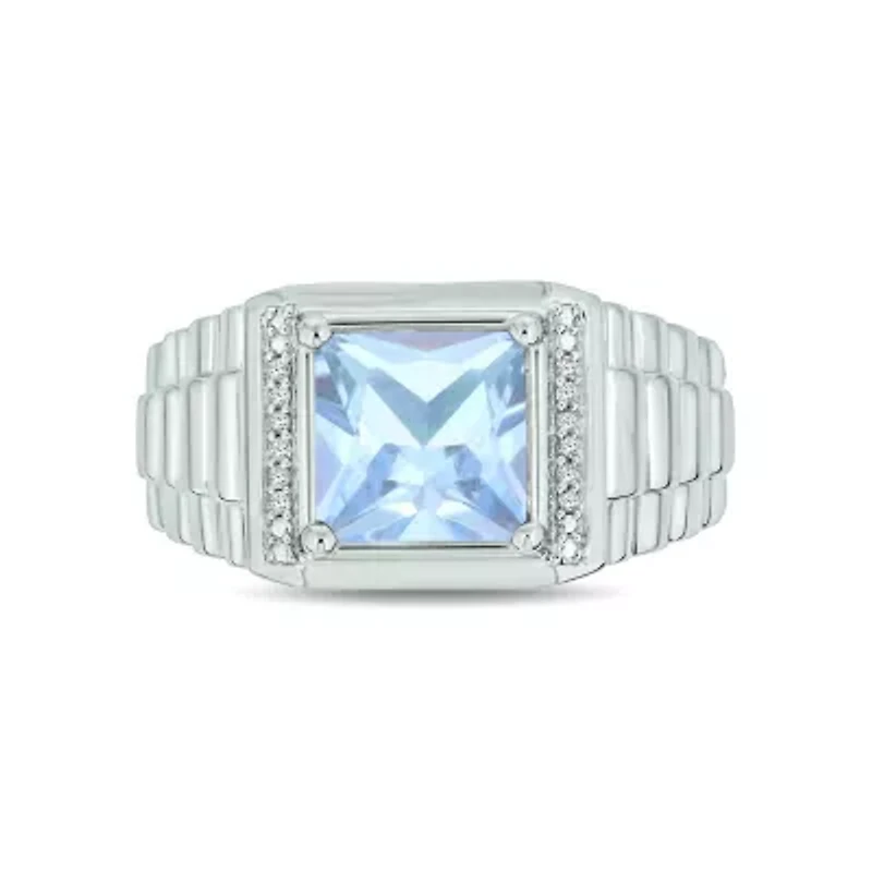 Lab Created Diamond Accent and 3.0 ct. t.w. Princess Cut Aquamarine Men's Ring Sterling Silver