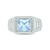 Lab Created Diamond Accent and 3.0 ct. t.w. Princess Cut Aquamarine Men's Ring Sterling Silver