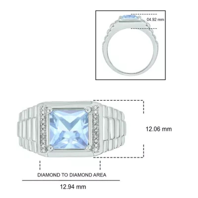 Lab Created Diamond Accent and 3.0 ct. t.w. Princess Cut Aquamarine Men's Ring Sterling Silver