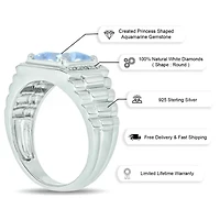 Lab Created Diamond Accent and 3.0 ct. t.w. Princess Cut Aquamarine Men's Ring Sterling Silver
