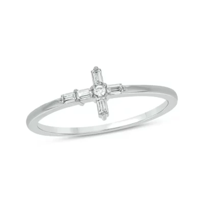 1/10 carat,Diamond Cross,Round & Baguette Ring 14K White Gold