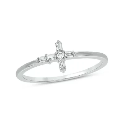1/10 carat,Diamond Cross,Round & Baguette Ring 14K White Gold