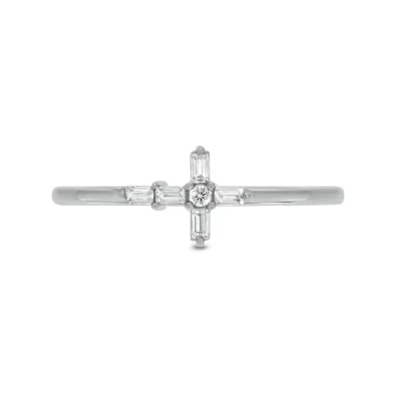 1/10 carat,Diamond Cross,Round & Baguette Ring 14K White Gold