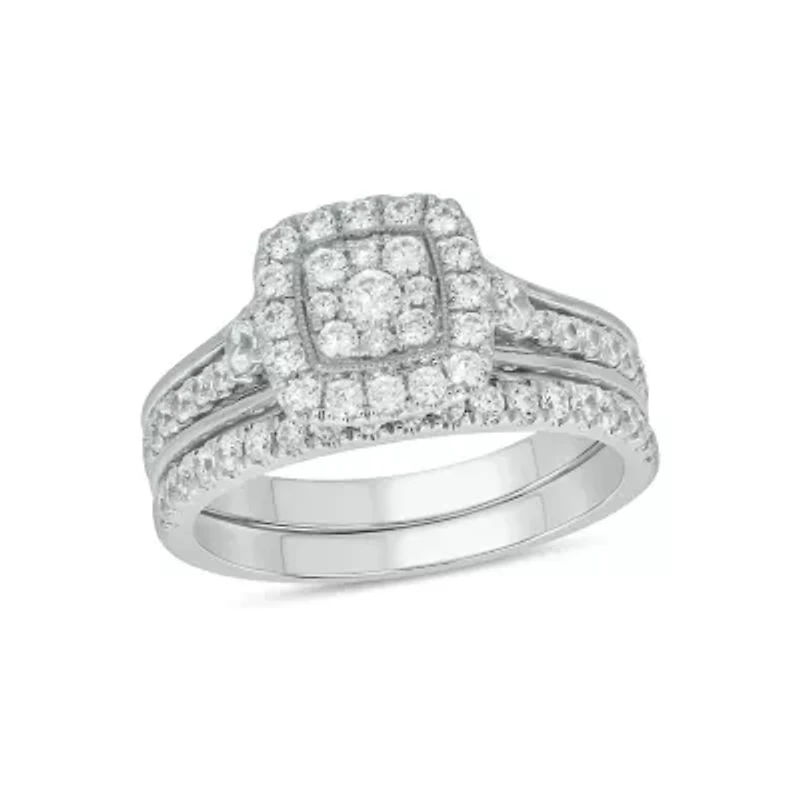 Lab Created 1 Carat Lab-Grown Diamond Bold Square Halo Bridal Set Sterling Silver