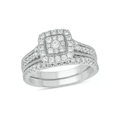 Lab Created 1 Carat Lab-Grown Diamond Bold Square Halo Bridal Set Sterling Silver