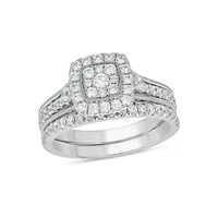 Lab Created 1 Carat Lab-Grown Diamond Bold Square Halo Bridal Set Sterling Silver