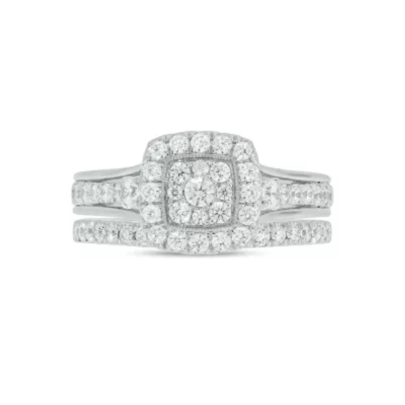 Lab Created 1 Carat Lab-Grown Diamond Bold Square Halo Bridal Set Sterling Silver