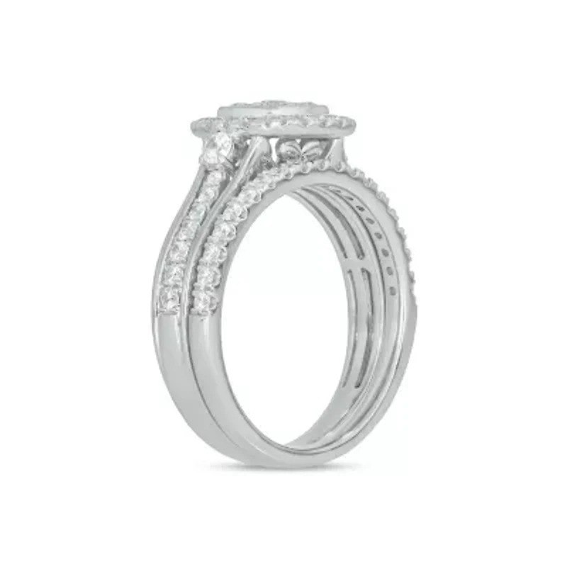 Lab Created 1 Carat Lab-Grown Diamond Bold Square Halo Bridal Set Sterling Silver