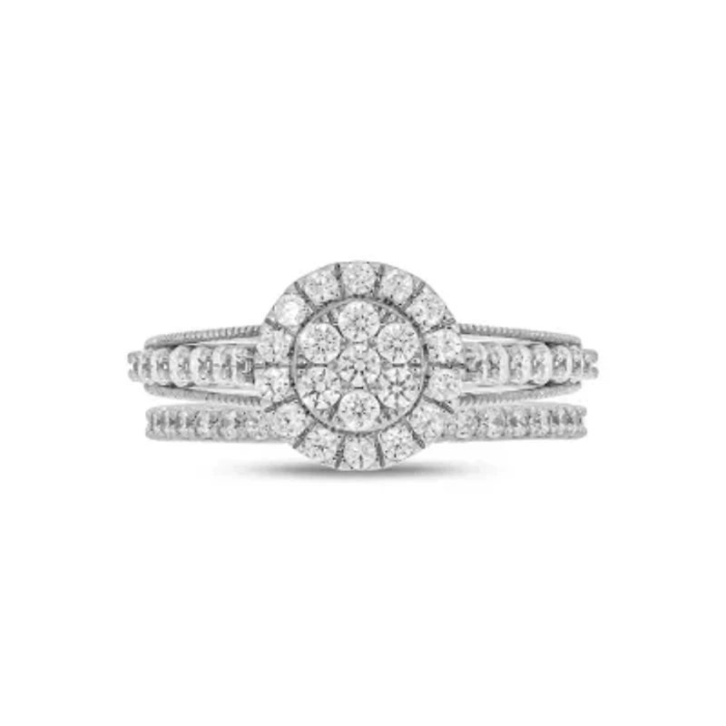 Lab Created 1 Carat Lab-Grown Diamond Round Halo Cluster Bridal Set Sterling Silver