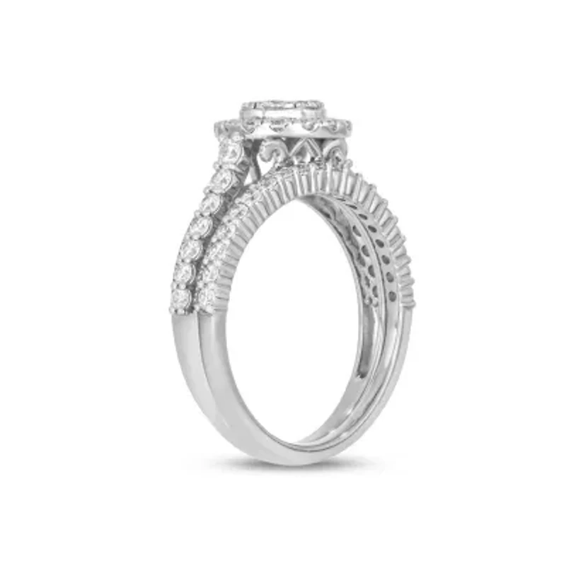 Lab Created 1 Carat Lab-Grown Diamond Round Halo Cluster Bridal Set Sterling Silver