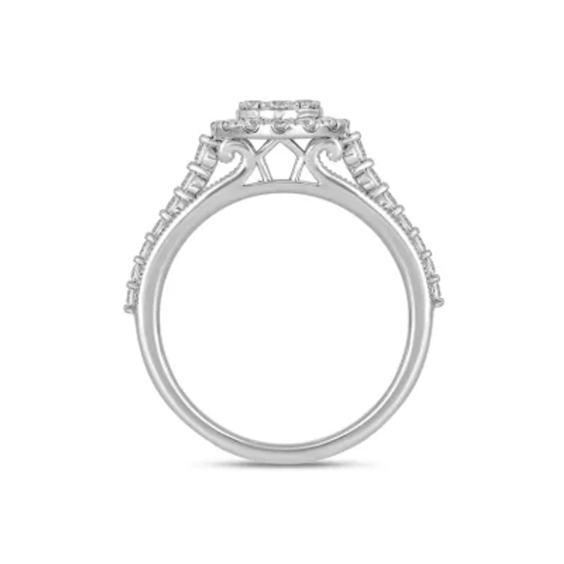 Lab Created 1 Carat Lab-Grown Diamond Round Halo Cluster Bridal Set Sterling Silver