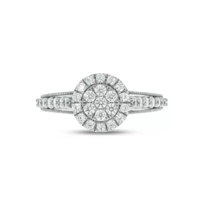 Lab Created 1 Carat Lab-Grown Diamond Round Halo Cluster Bridal Set Sterling Silver
