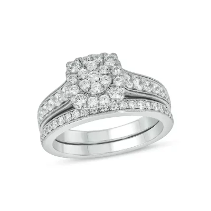 Lab Created 1 Carat Lab-Grown Diamond Radiant Round Cluster Bridal Set Sterling Silver