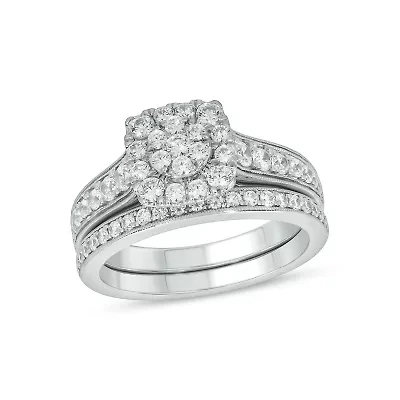 Lab Created 1 Carat Lab-Grown Diamond Radiant Round Cluster Bridal Set Sterling Silver