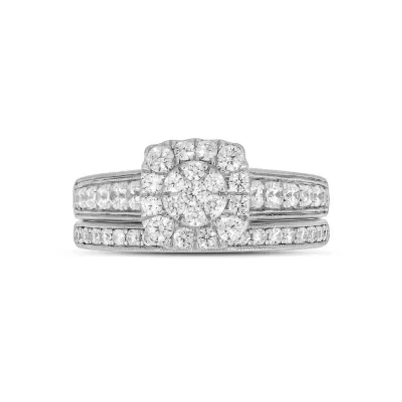 Lab Created 1 Carat Lab-Grown Diamond Radiant Round Cluster Bridal Set Sterling Silver