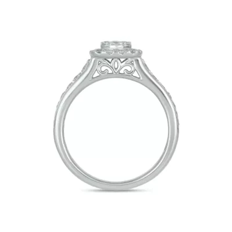 Lab Created 1 Carat Lab-Grown Diamond Radiant Round Cluster Bridal Set Sterling Silver