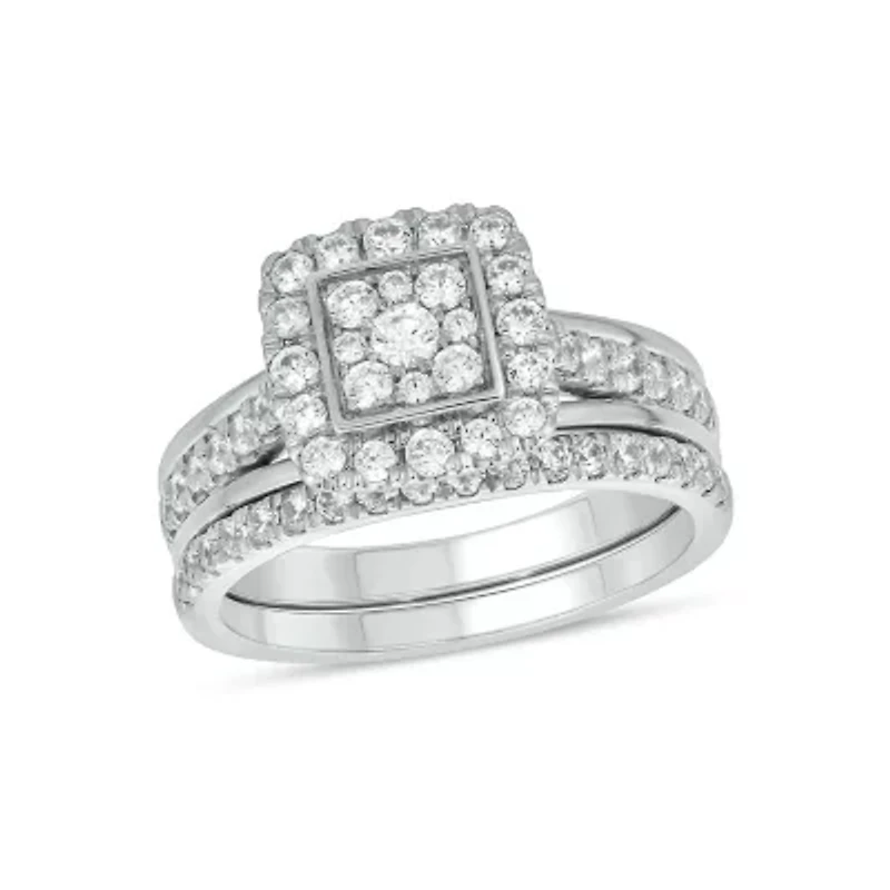 Lab Created 1 Carat Lab-Grown Diamond Square Halos Bridal Set Sterling Silver