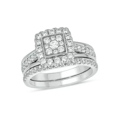 Lab Created 1 Carat Lab-Grown Diamond Square Halos Bridal Set Sterling Silver