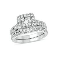 Lab Created 1 Carat Lab-Grown Diamond Square Halos Bridal Set Sterling Silver