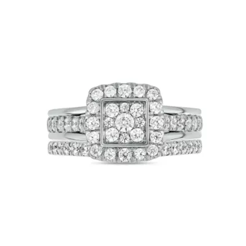 Lab Created 1 Carat Lab-Grown Diamond Square Halos Bridal Set Sterling Silver