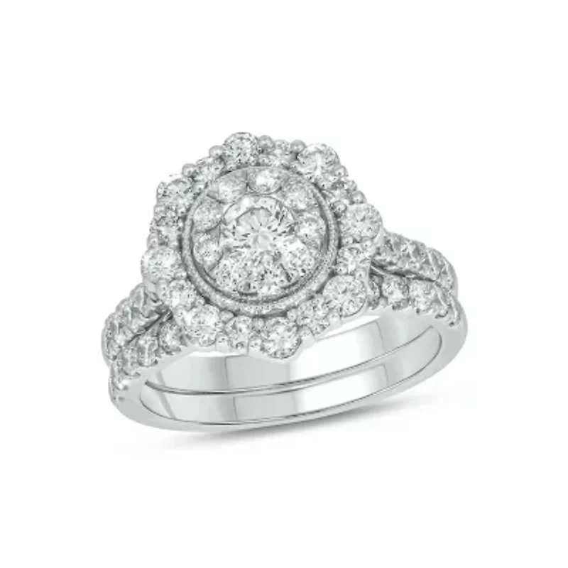Lab Created 2 Carat Lab-Grown Diamond Round Center Cluster Bridal Set Sterling Silver
