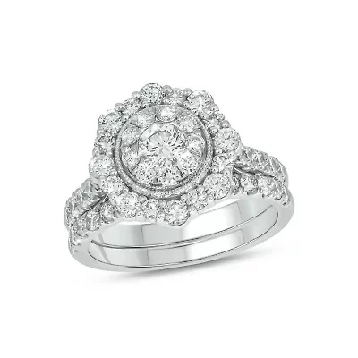 Lab Created 2 Carat Lab-Grown Diamond Round Center Cluster Bridal Set Sterling Silver
