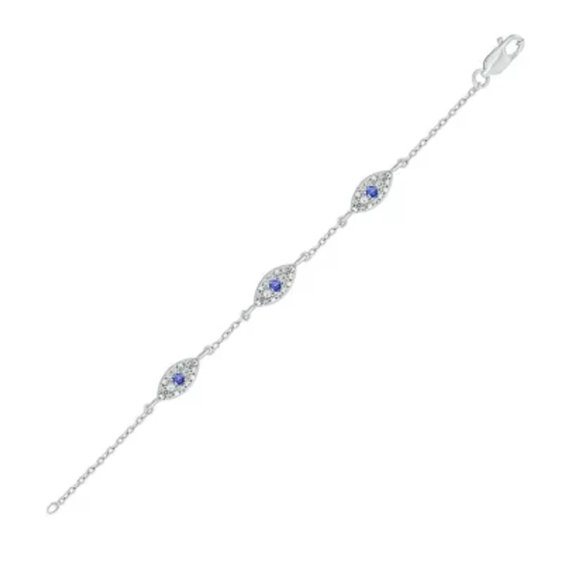 1/5 ct. t.w. Diamond and 1/8 ct. t.w. Created Blue Sapphire Evil Eye Bracelet in Sterling Silver