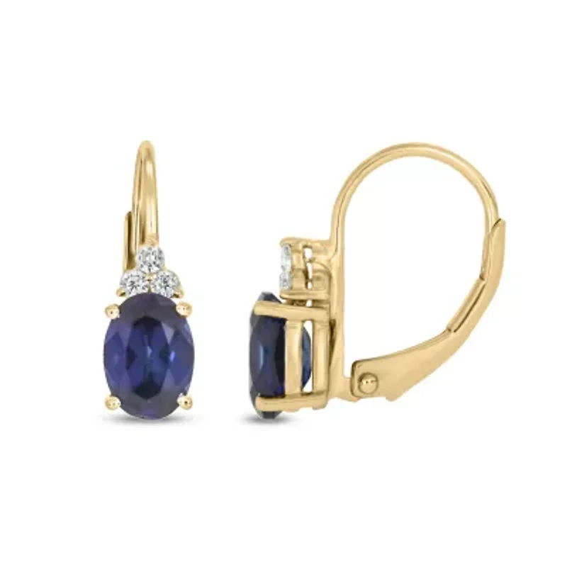 1/10 carat, Diamond Blue Sapphire And White Diamond Leverback Earring in 14K Yellow Gold